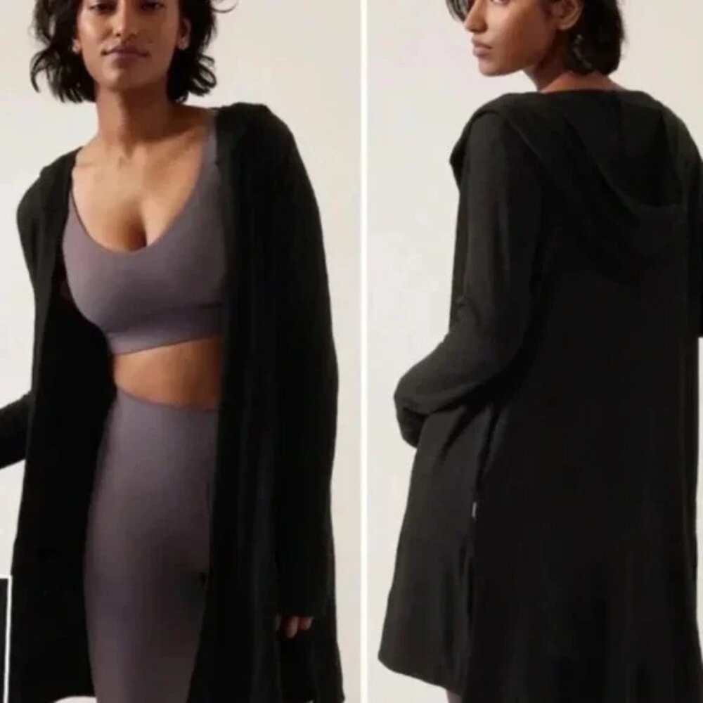 ATHLETA HARMONY POSE WRAP CARDIGAN SWEATER LONG DRAPED RIBBED KNIT HOODIE sz S